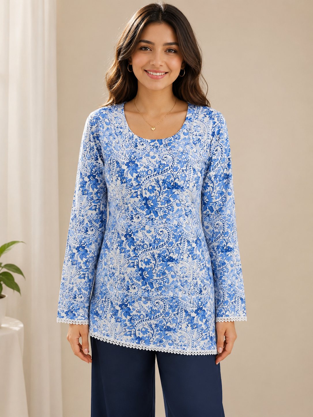 Women's Blue & White Floral Printed Round Neck Full Sleeve Kurti