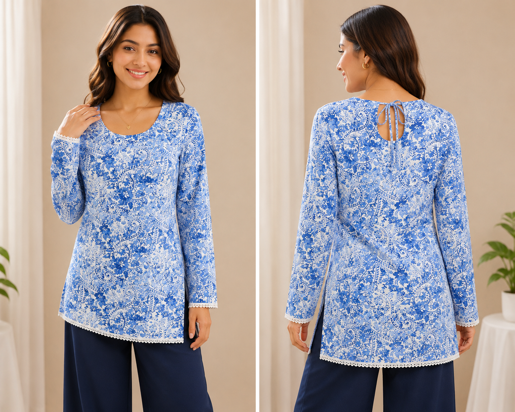 Women's Blue & White Floral Printed Round Neck Full Sleeve Kurti