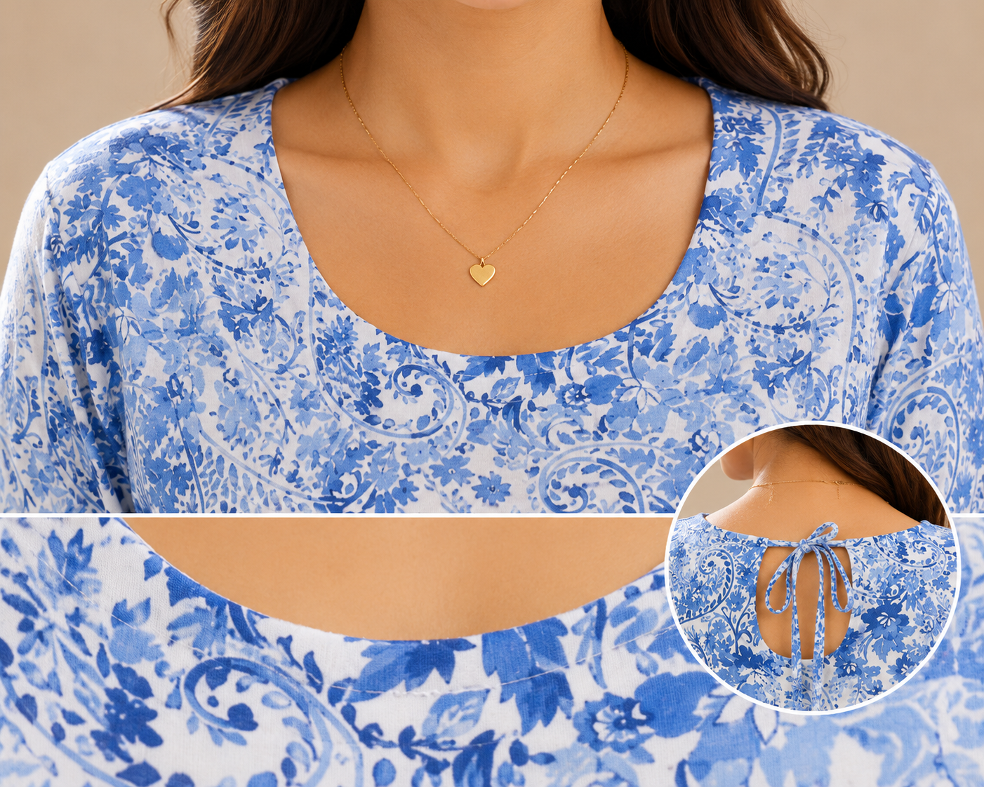 Women's Blue & White Floral Printed Round Neck Full Sleeve Kurti